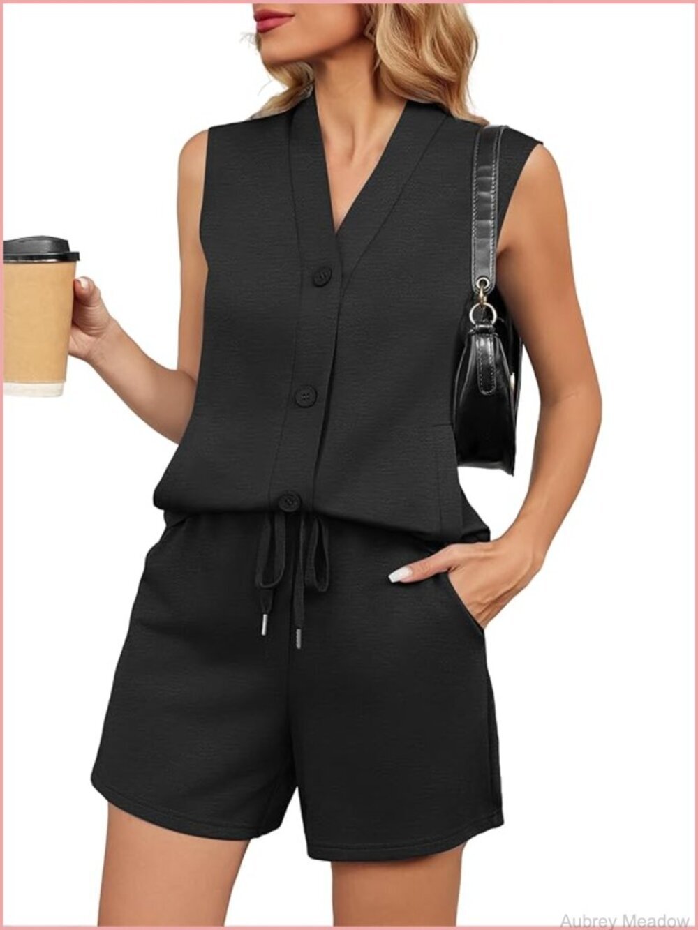 Sleeveless Button Down Vest and Short Set Two Piece Summer Travel Outfit